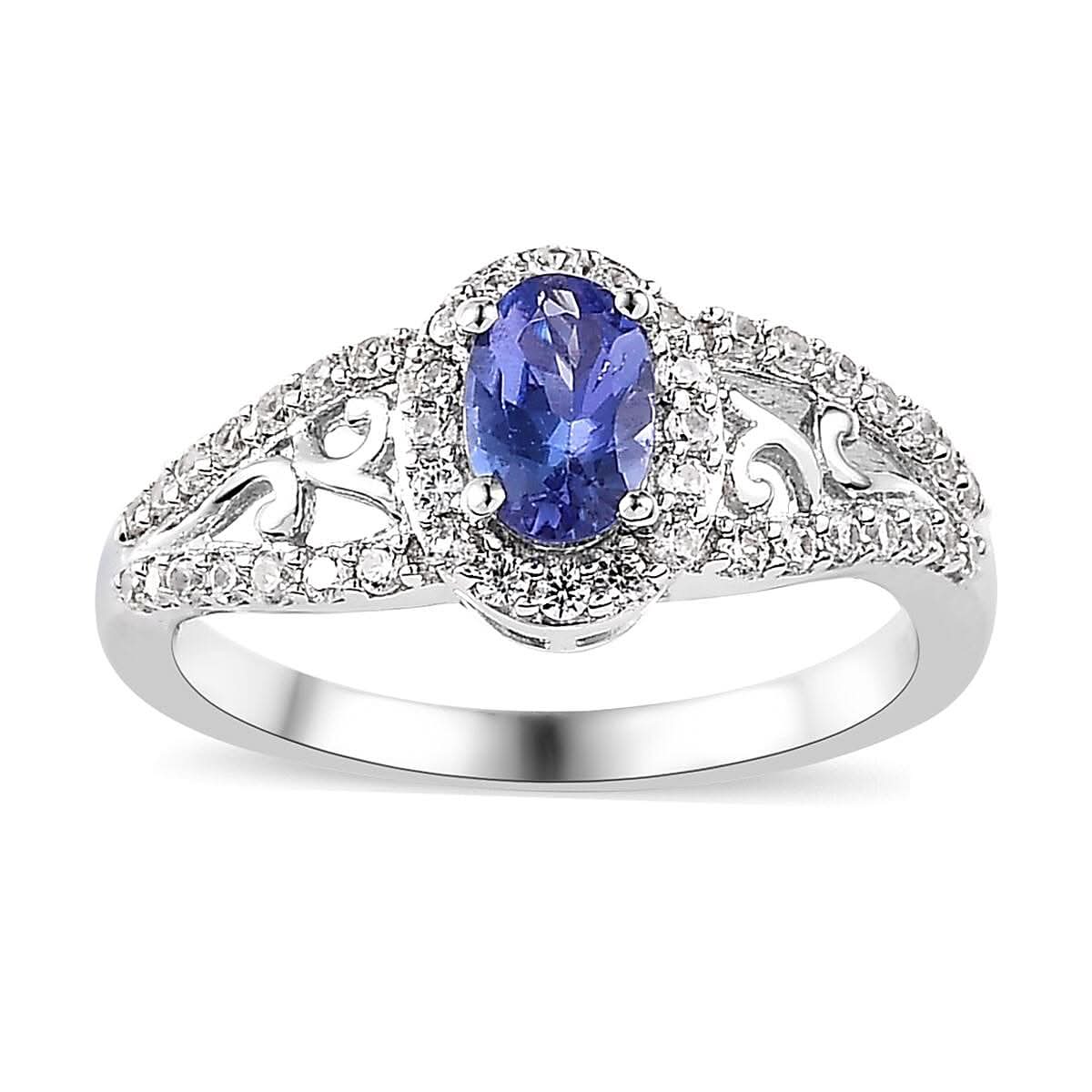 Tanzanite and White Zircon Ring in Platinum Over Sterling Silver 0.85 ctw