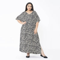 TAMSY , 100% Rayon  Zebra Print  Elastic Waist Dress with V Neck -SIZE-0NE SIZE MISSY, COLOUR -BEIGE/BLACK