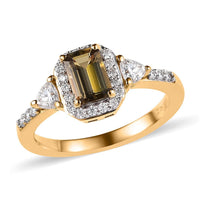 Golden Tanzanite and Moissanite Halo Ring in Vermeil YG Over Sterling Silver (Size 10.0) 0.90 ctw
