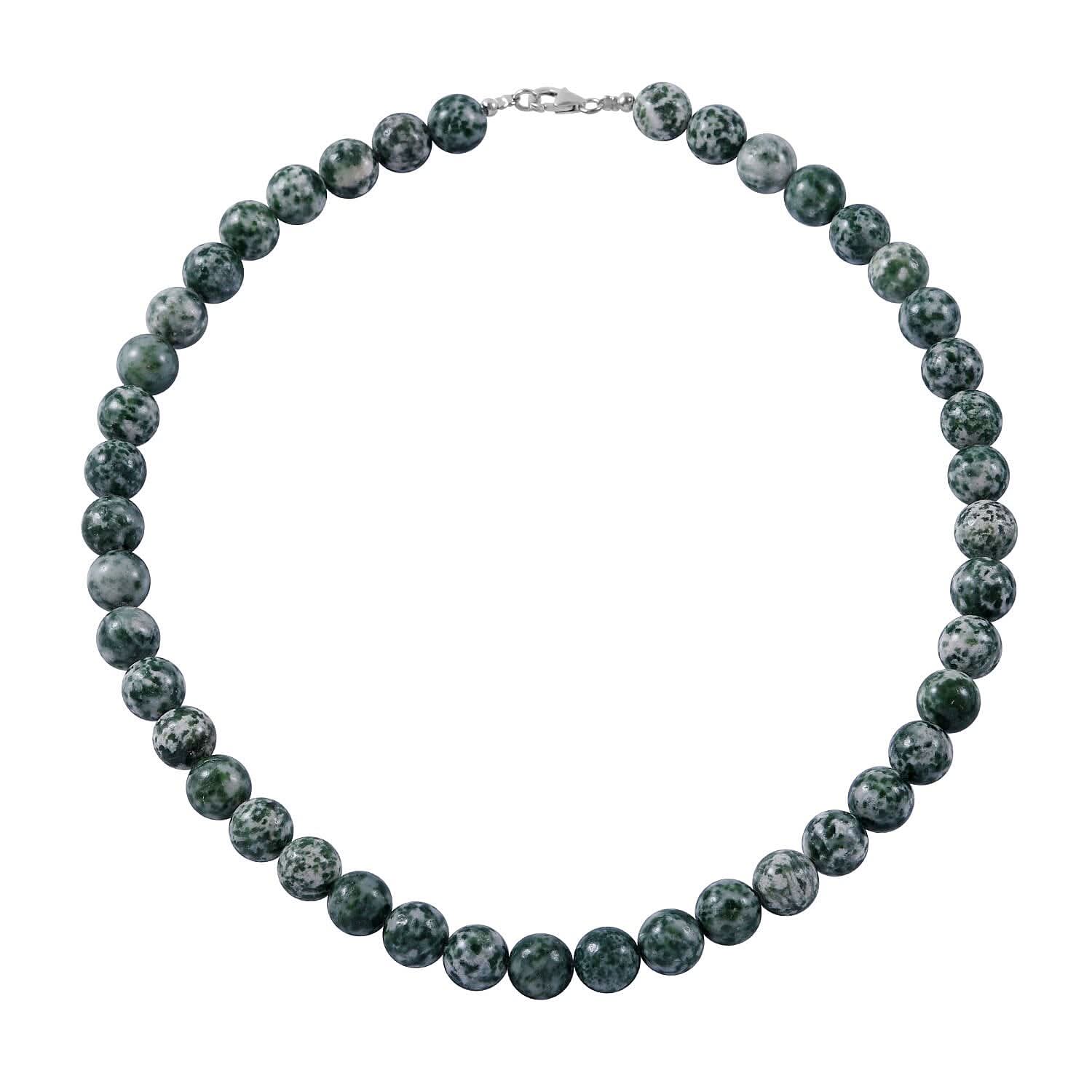 Green Spot Jasper Beaded Necklace 18 Inches in Sterling Silver 350.00 ctw