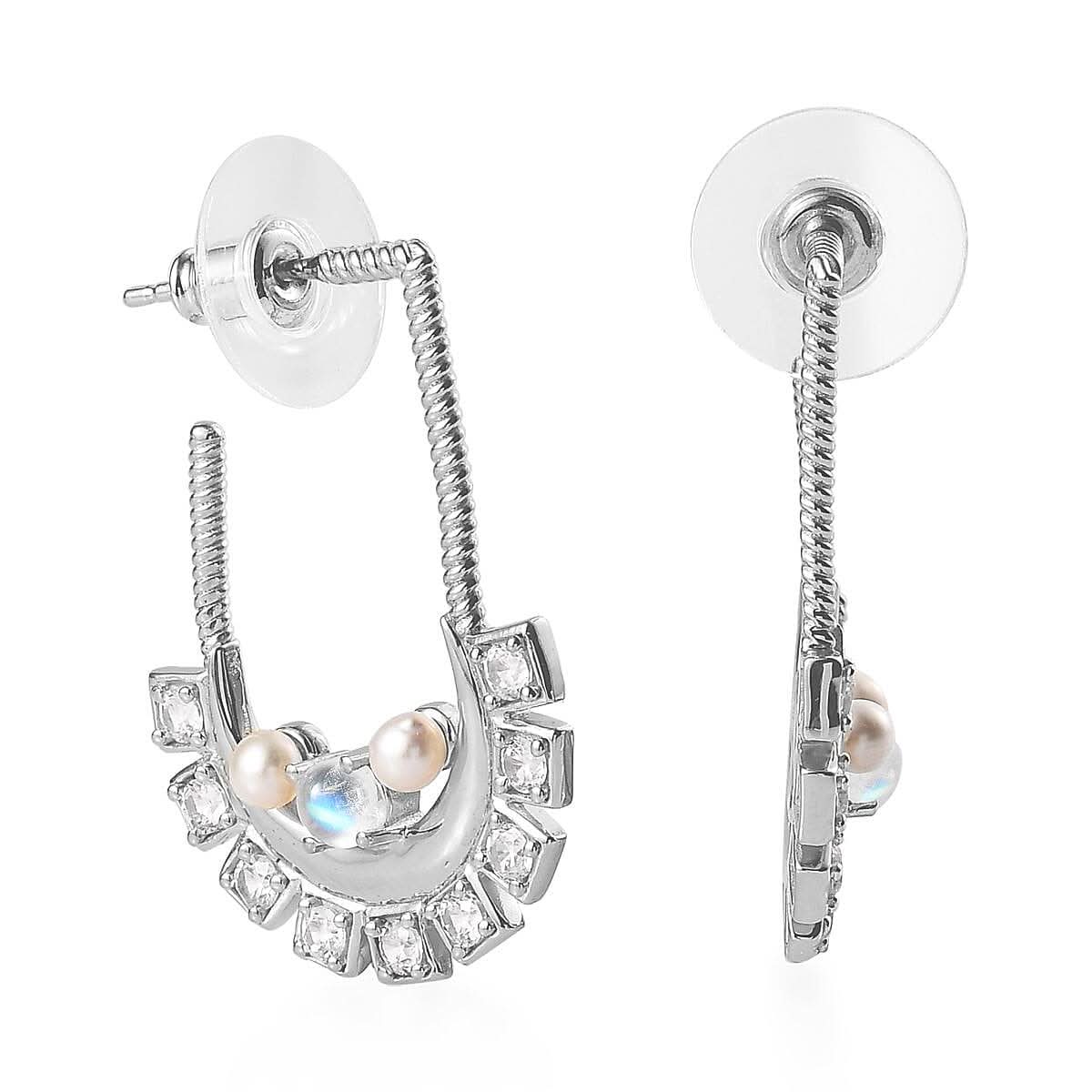 Rainbow Moonstone, Freshwater Pearl and White Zircon Earrings in Platinum Over Sterling Silver 2.80 ctw