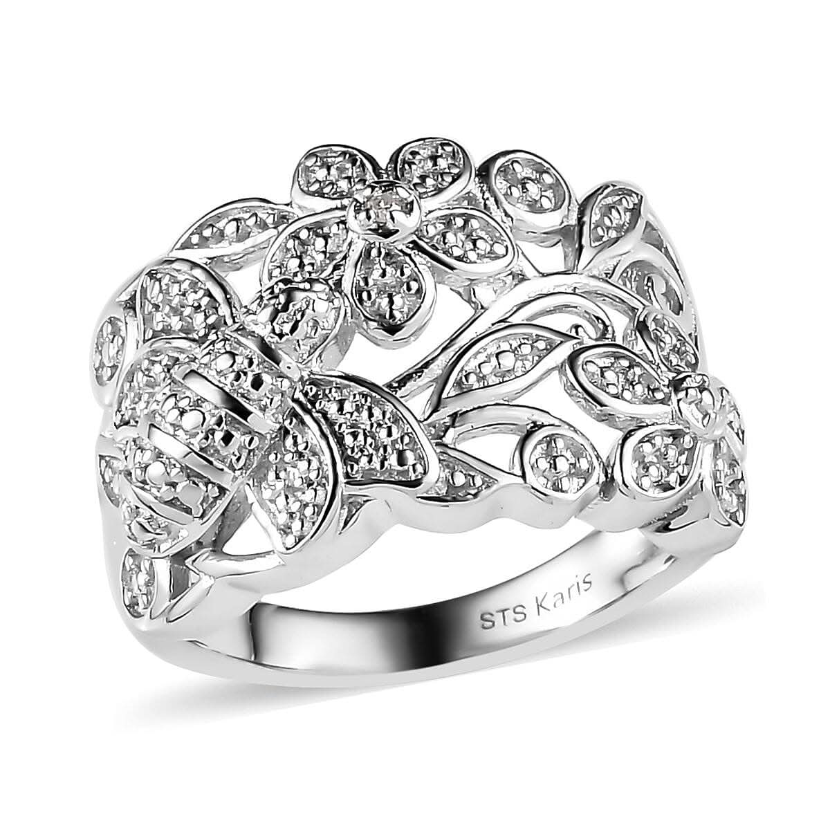 Karis White Diamond Accent Bee and Floral Ring in Platinum Bond (Size 10.0)