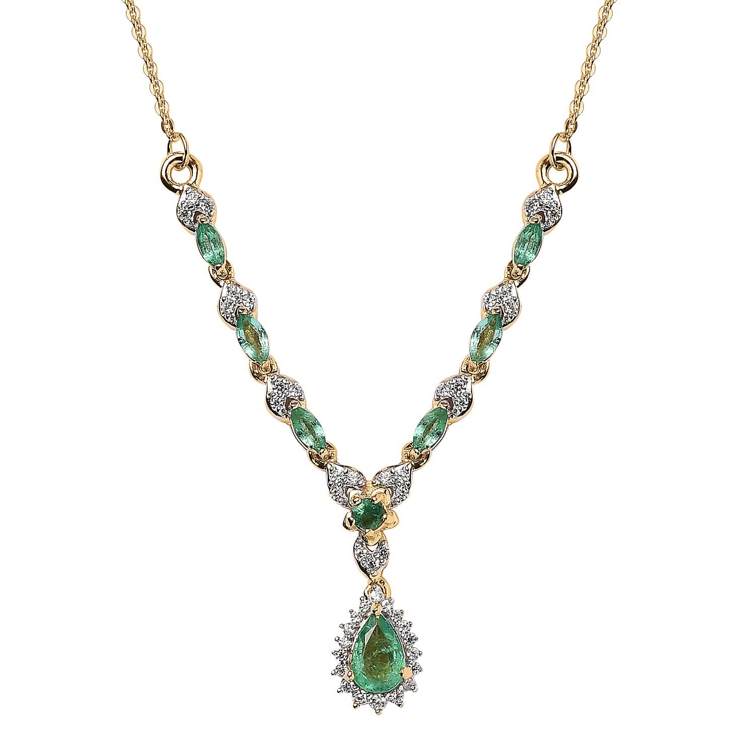 Ethiopian Emerald and White Zircon Necklace 18-20 Inches in Vermeil Yellow Gold Over Sterling Silver 1.00 ctw