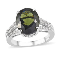 Premium Bohemian Moldavite, Diamond (0.15 cts) Split Shank Ring in Platinum Over Sterling Silver (Size 6.0) 4.25 ctw