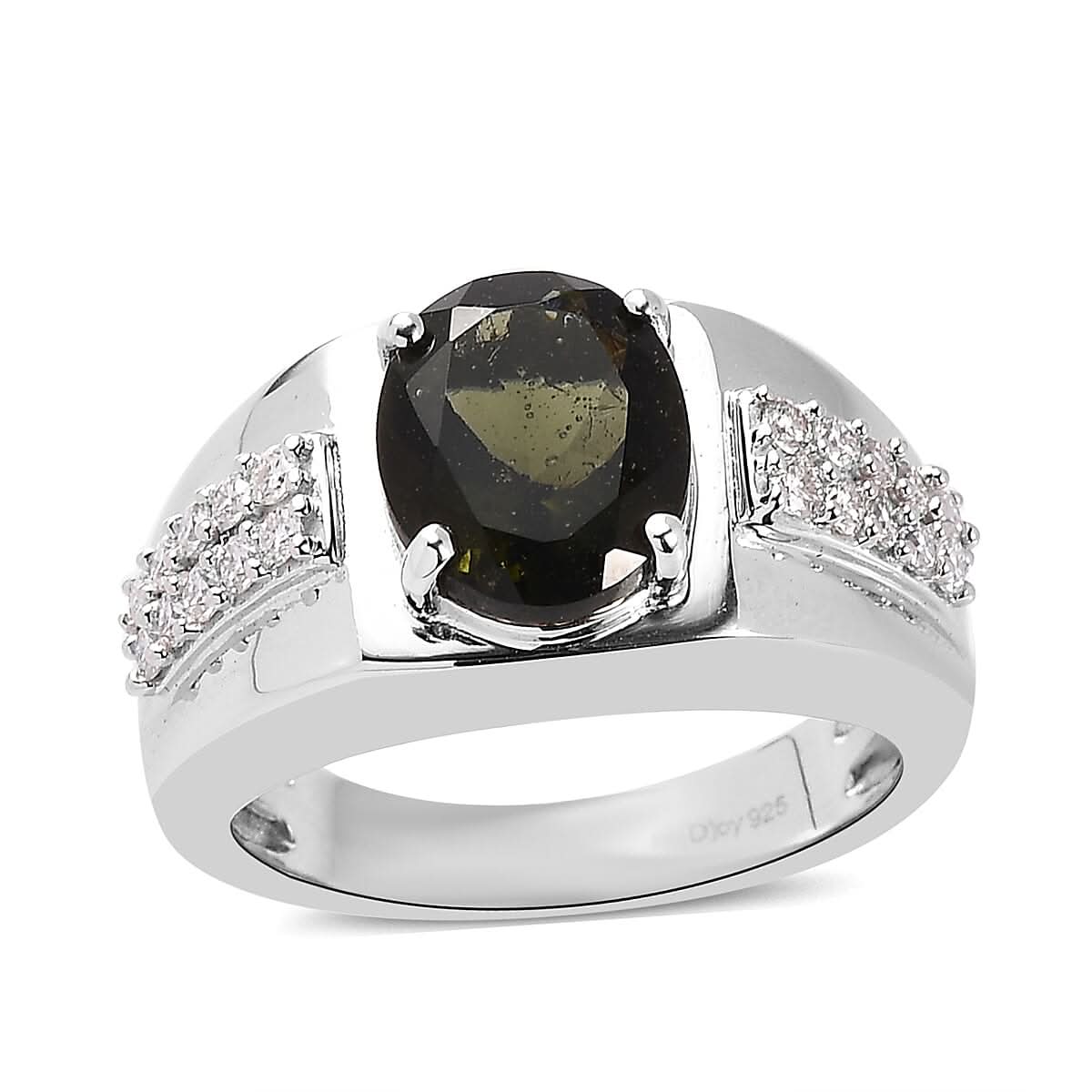 Premium Bohemian Moldavite and Moissanite Men's Ring in Platinum Over Sterling Silver 3.35 ctw