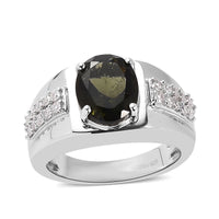 Premium Bohemian Moldavite and Moissanite Men's Ring in Platinum Over Sterling Silver 3.35 ctw