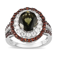 Premium Bohemian Moldavite, Multi Gemstone Double Halo Ring in Rhodium and Platinum Over Sterling Silver 3.90 ctw