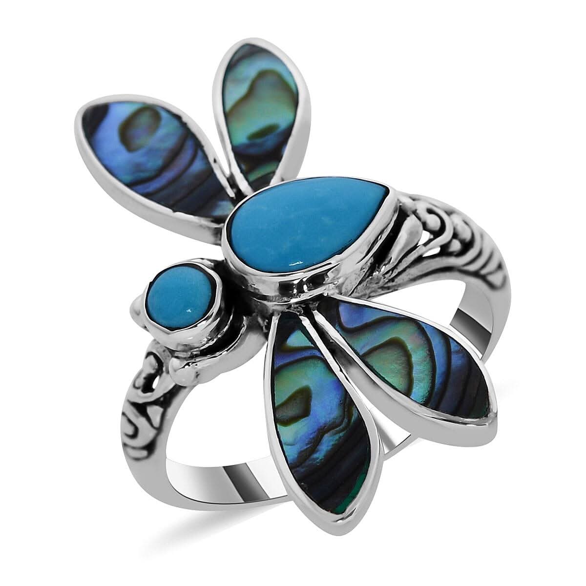 Bali Legacy Sleeping Beauty Turquoise and Abalone Shell Dragonfly Ring in Sterling Silver 1.50 ctw (Del. in 3-5 Days)
