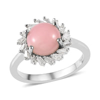Peruvian Pink Opal, Moissanite Ring in Platinum Over Sterling Silver (Size 6.0) 2.15 ctw