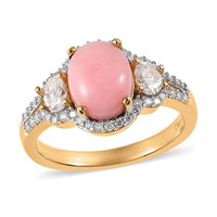 Peruvian Pink Opal and Moissanite Ring in Vermeil Yellow Gold Over Sterling Silver 2.15 ctw