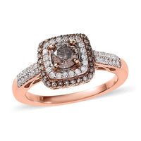 Doorbuster Natural Champagne and White Diamond Double Halo Ring in Vermeil RG Over Sterling Silver 1.00 ctw (Del. in 5-7 Days)