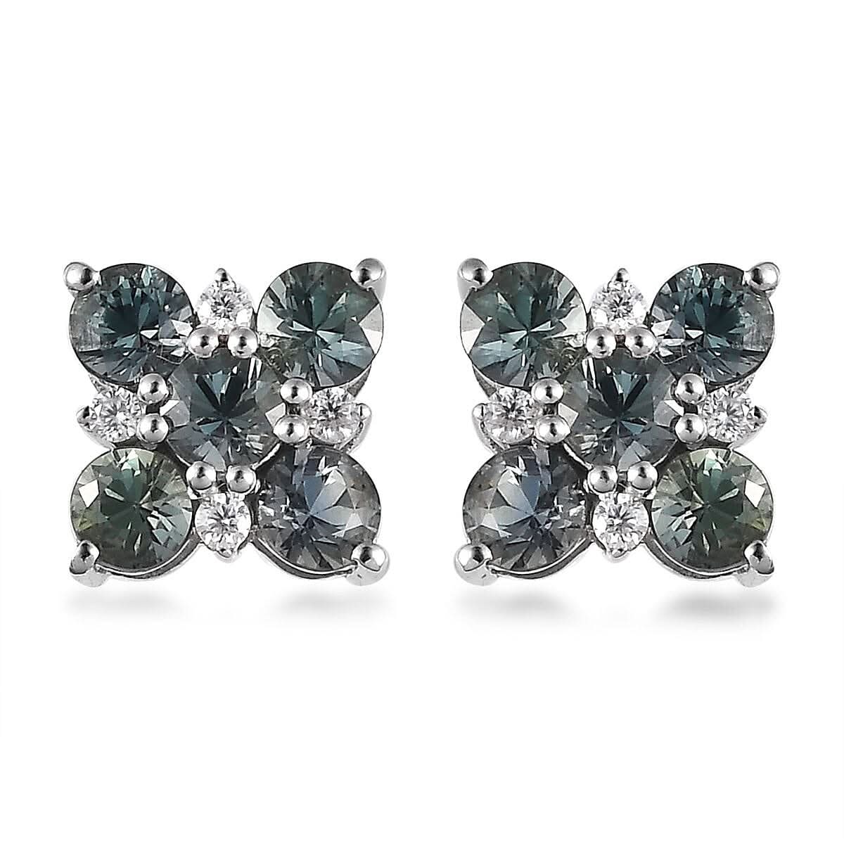 Natural Parti Sapphire and Moissanite Floral Stud Earrings in Platinum Over Sterling Silver 2.20 ctw
