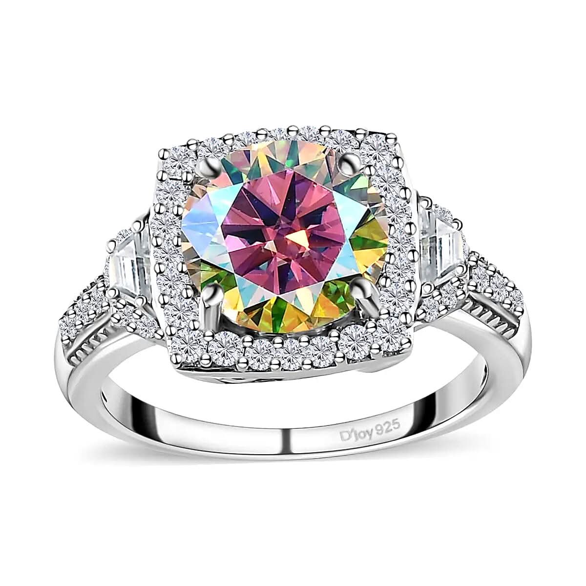 Dichroic Luminous Moissanite and White Moissanite Halo Ring in Platinum Over Sterling Silver 2.90 ctw