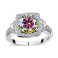 Dichroic Luminous Moissanite and White Moissanite Halo Ring in Platinum Over Sterling Silver 2.90 ctw - Sticky add to cart bar