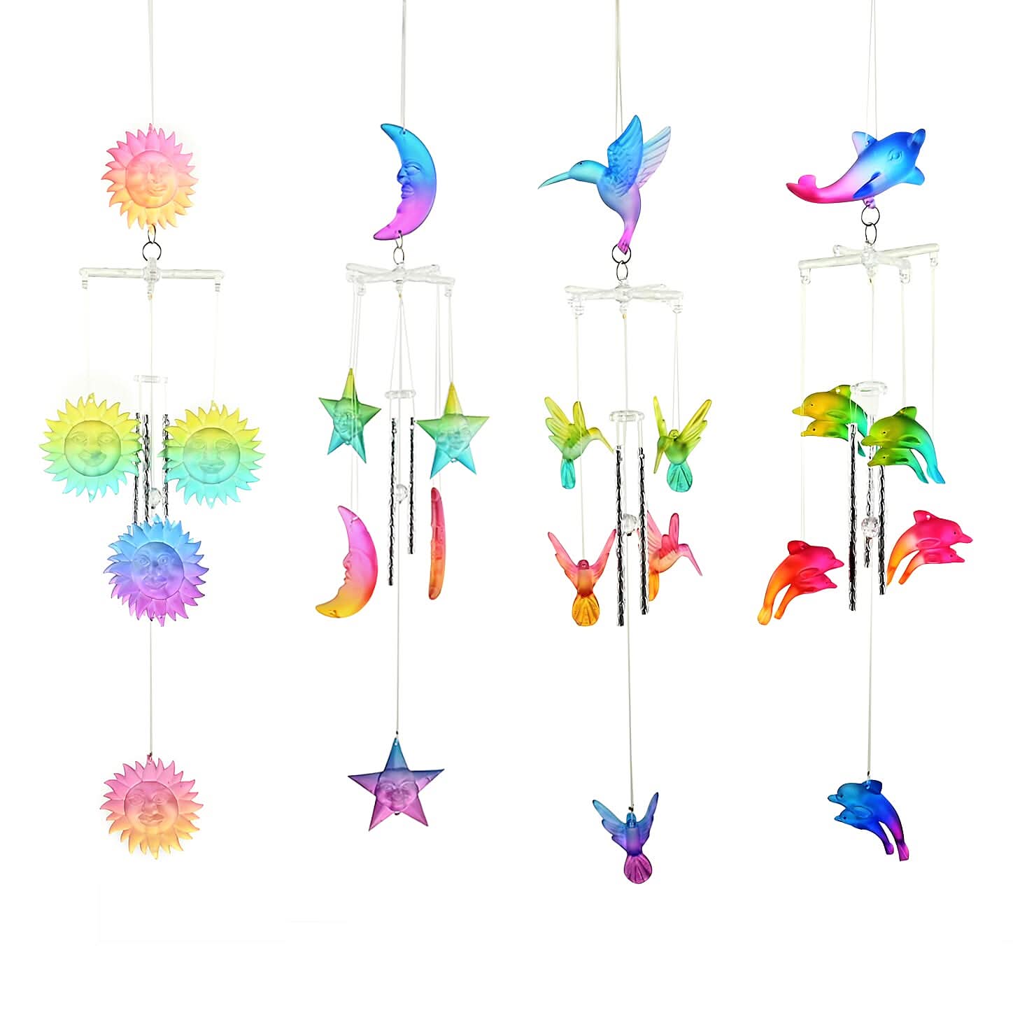 Set of 4 Colorful Wind Chimes -Dolphin, Hummingbird, Moon & Star, Sun