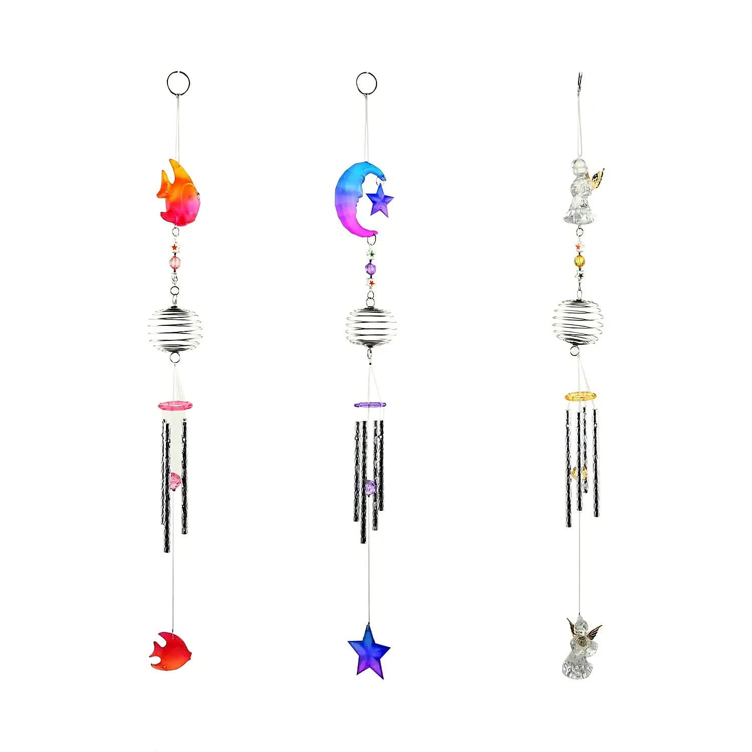 Set of 3 Coil Wind Chimes -Angel, Moon & Star, Tropical Fish