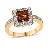 Premium Brazilian Cherry Citrine and White Zircon Ring in Vermeil Yellow Gold Over Sterling Silver 1.20 ctw