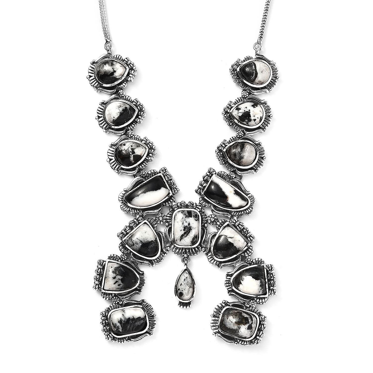 Artisan Crafted White Buffalo Squash Blossom Necklace 18 Inches in Black Oxidized Sterling Silver 38.25  ctw