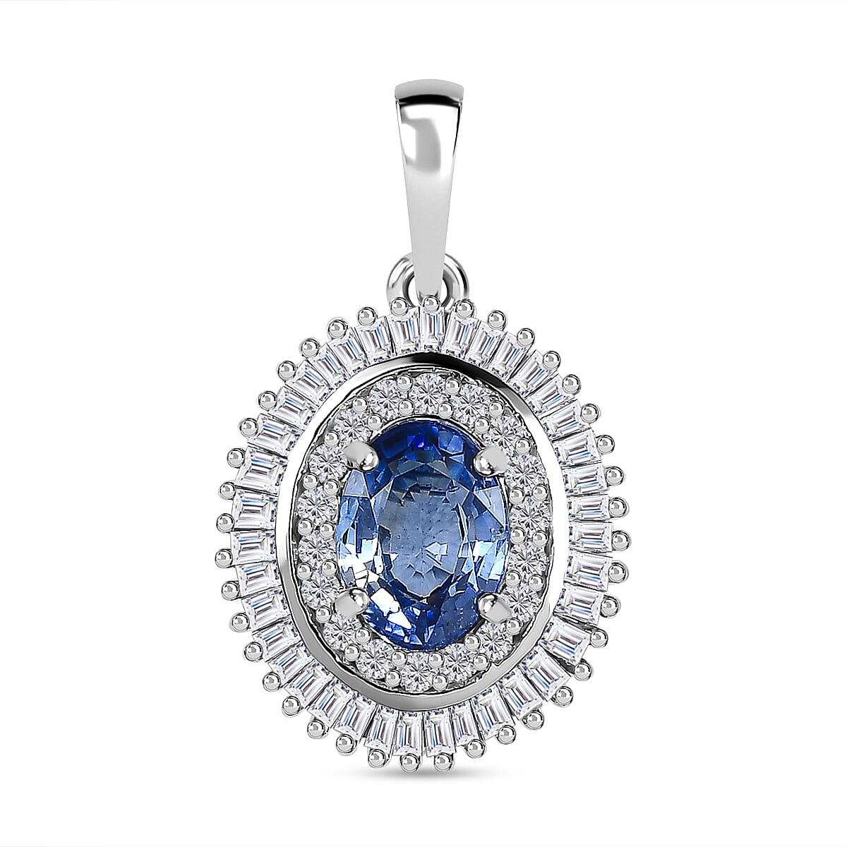 Luxoro 10K White Gold Premium Ceylon Blue Sapphire and Diamond Double Halo Pendant 1.20 ctw