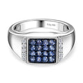 Premium Ceylon Blue Sapphire and Moissanite Men's Ring in Platinum Over Sterling Silver 0.90 ctw (Del. in 7-10 Days) - Sticky add to cart bar