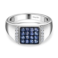 Premium Ceylon Blue Sapphire and Moissanite Men's Ring in Platinum Over Sterling Silver 0.90 ctw (Del. in 7-10 Days)