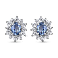 Ceylon Blue Sapphire and White Zircon Sunburst Stud Earrings in Platinum Over Sterling Silver 1.35 ctw
