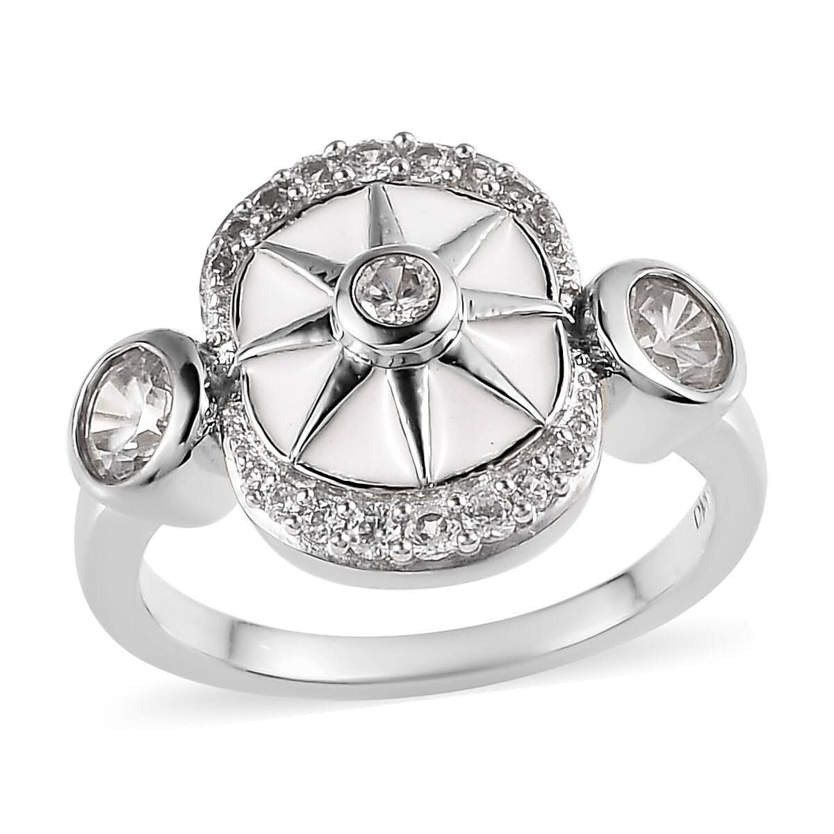 White Zircon Celestial Star White Enamel Medallion Ring in Platinum Over Sterling Silver (Size 6.0) 1.00 ctw