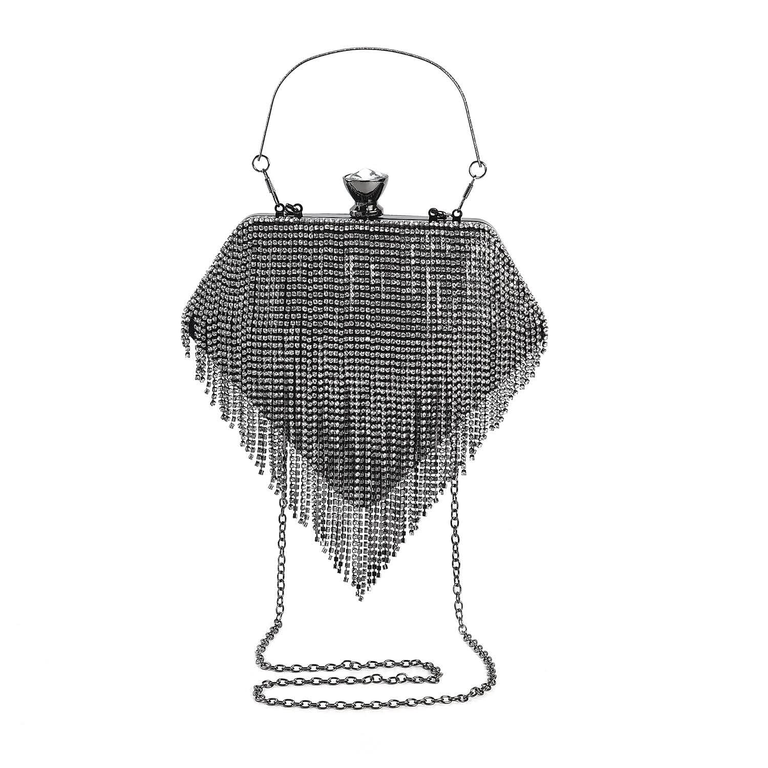 Black Sparkling Crystal Dimond Shape Tassel Clutch Bag (8.7"x7") with Handle Drop and Chain Strap