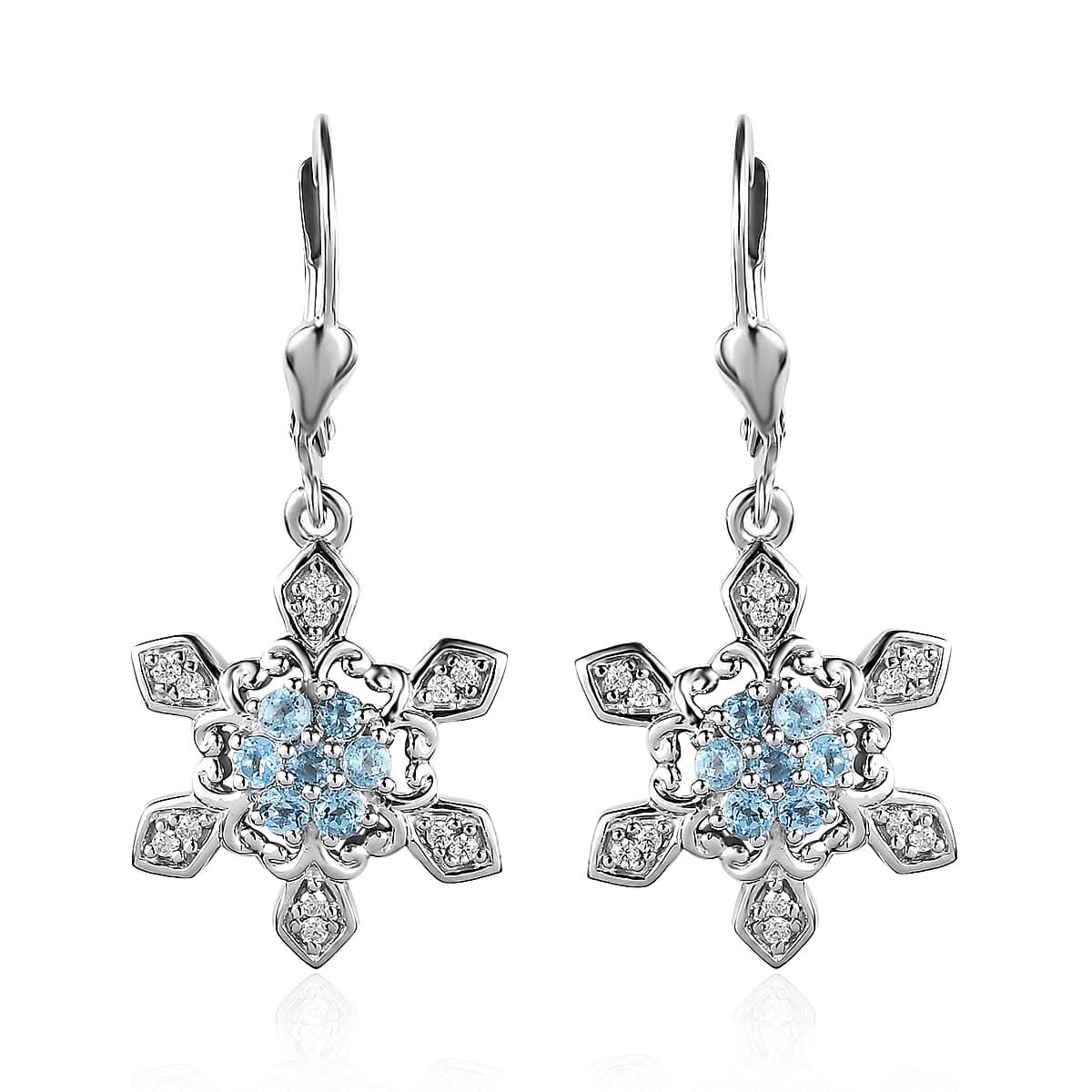 Premium Sky Blue Topaz, Moissanite Lever Back Earrings in Platinum Over Sterling Silver 0.75 ctw