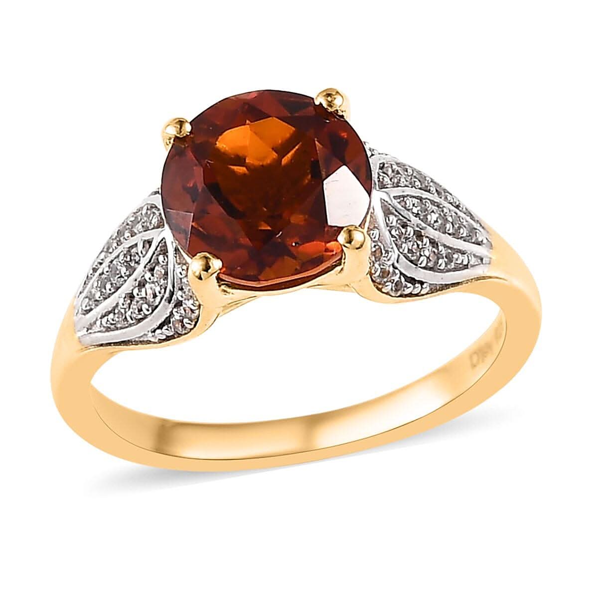 Premium Brazilian Cherry Citrine and White Zircon Ring in Vermeil Yellow Gold Over Sterling Silver 2.15 ctw
