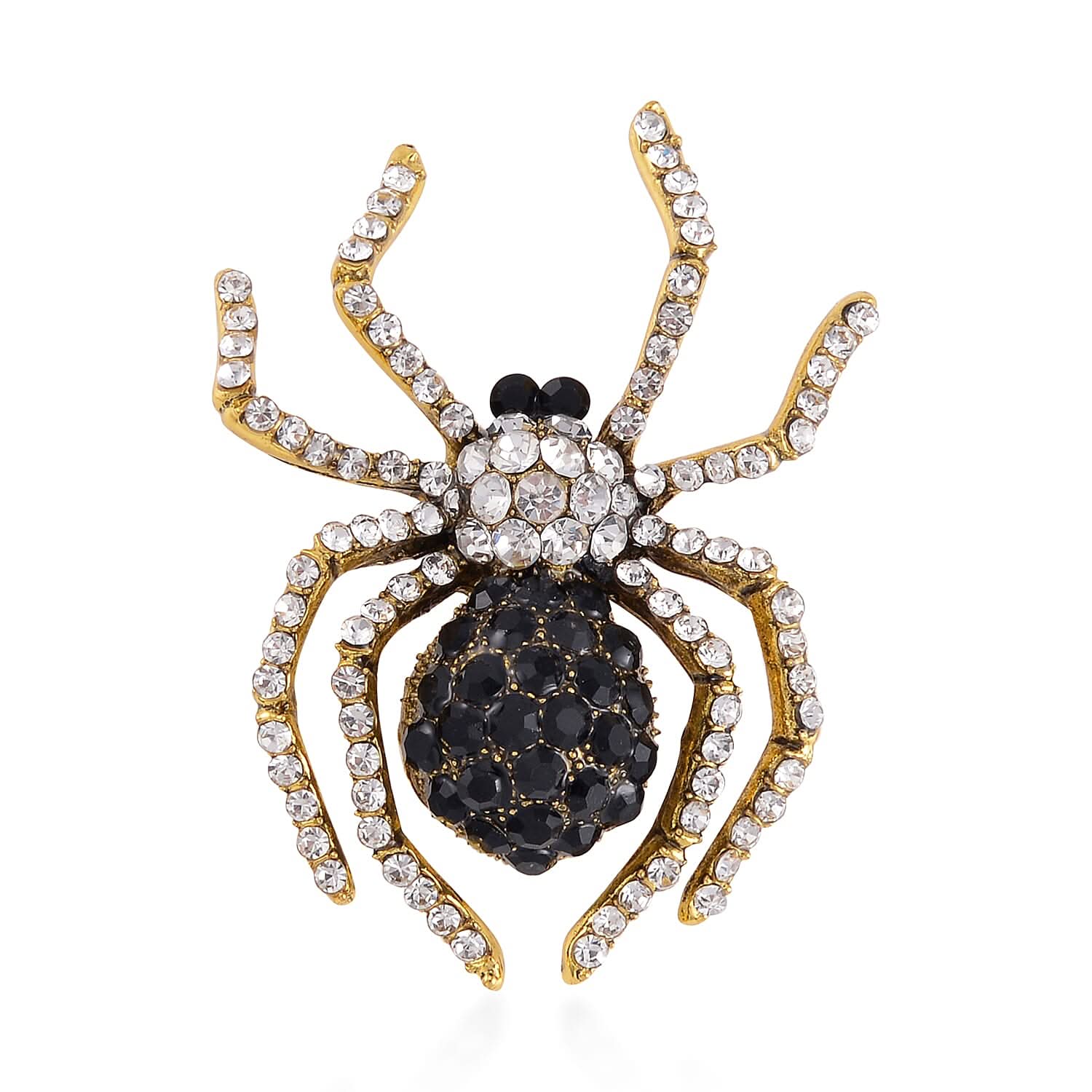 Black and White Austrian Crystal Halloween Spider Brooch in Goldtone