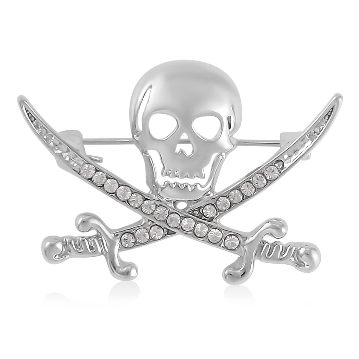 White Austrian Crystal Halloween Pirate Skull Brooch in Silvertone