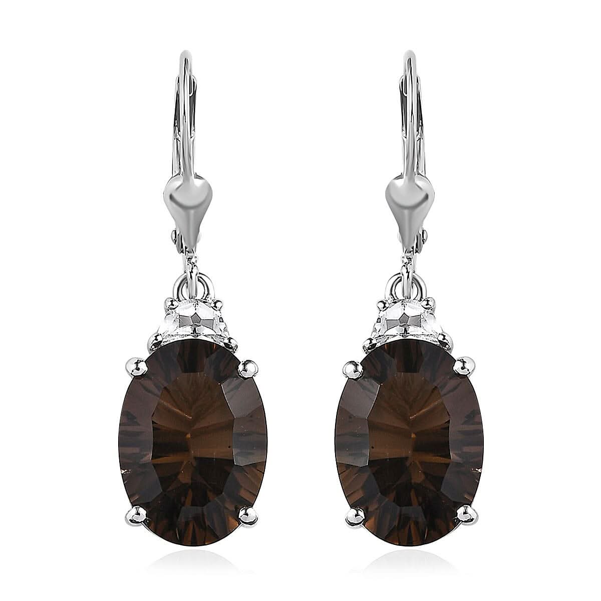 Doorbuster Concave Cut Smoky Quartz and White Topaz Lever Back Earrings in Platinum Over Sterling Silver 11.75 ctw