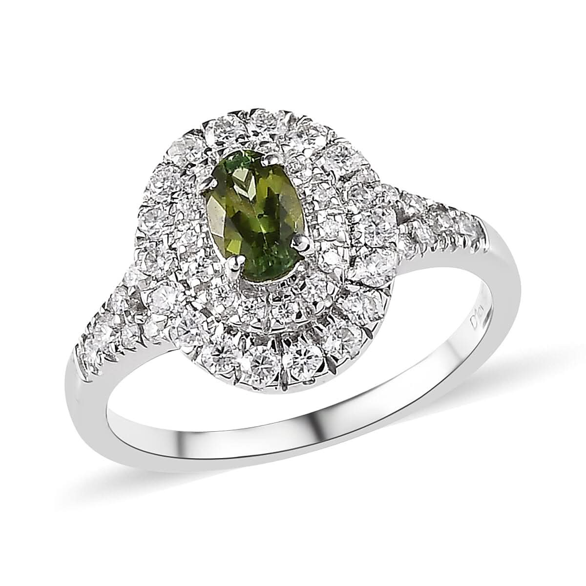 Premium Calabar Tourmaline and Moissanite Double Halo Ring in Platinum Over Sterling Silver (Size 10.0) 1.00 ctw