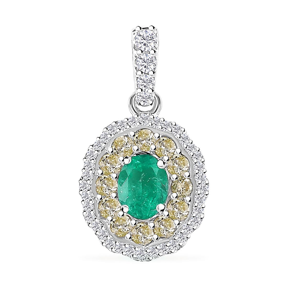 Luxoro 14K White Gold AAA Boyaca Colombian Emerald, I2 Natural Diamond Double Halo Pendant 1.00 ctw