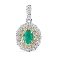 Luxoro 14K White Gold AAA Boyaca Colombian Emerald, I2 Natural Diamond Double Halo Pendant 1.00 ctw