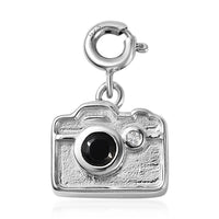 Thai Black Spinel and Moissanite Camera Charm in Platinum Over Sterling Silver 0.35 ctw