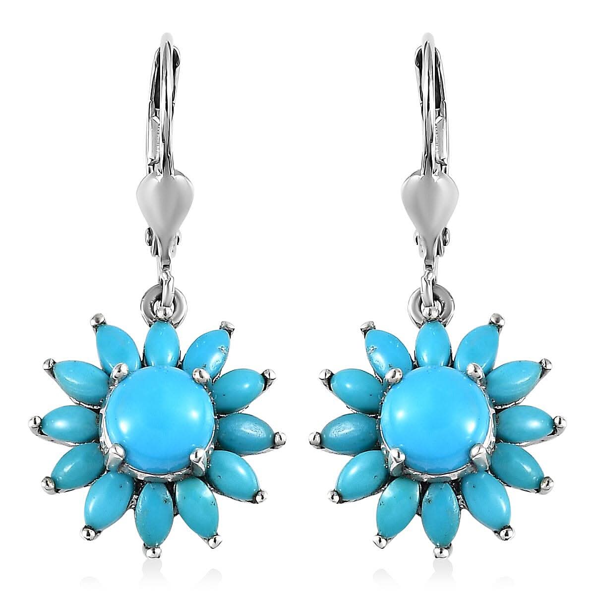 Premium Sleeping Beauty Turquoise Floral Lever Back Earrings in Platinum Over Sterling Silver 3.60 ctw