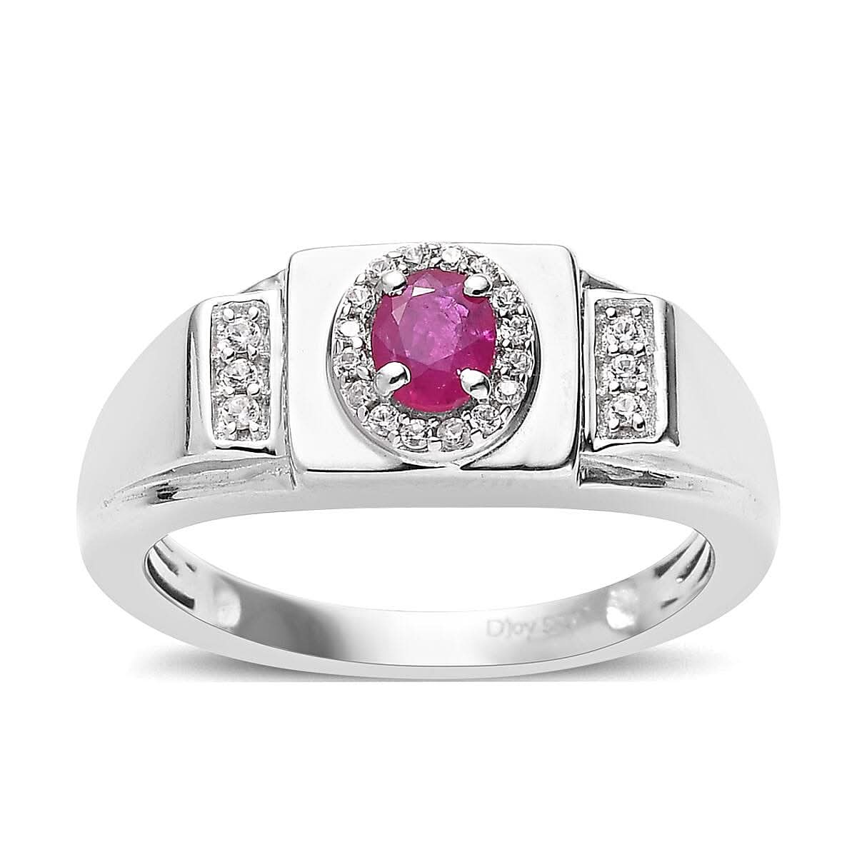 Premium Montepuez Ruby and White Zircon Men's Ring in Platinum Over Sterling Silver (Size 10.0) 0.65 ctw