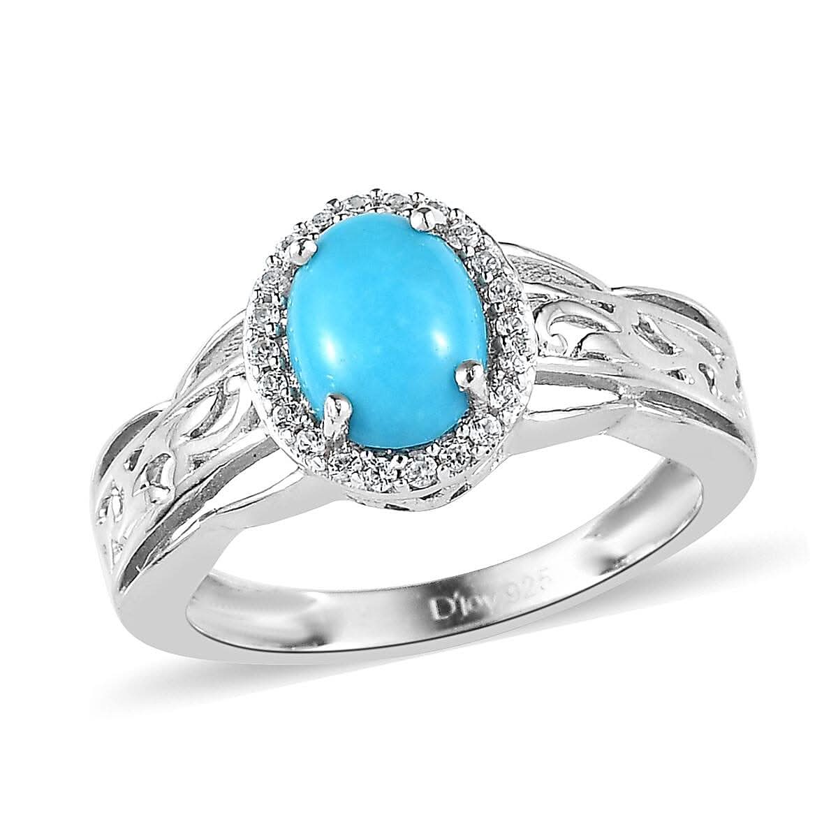 Sleeping Beauty Turquoise and White Zircon Ring in Platinum Over Sterling Silver (Size 10.0) 1.25 ctw