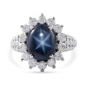 Blue Star Sapphire (DF) and Moissanite Floral Ring in Platinum Over Sterling Silver (Size 10.0) 7.50 ctw - Sticky add to cart bar