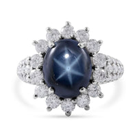 Blue Star Sapphire (DF) and Moissanite Floral Ring in Platinum Over Sterling Silver (Size 10.0) 7.50 ctw