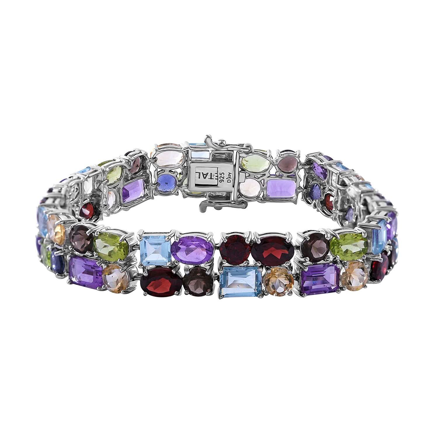 Doorbuster Multi Gemstone 2 Row Bracelet in Platinum Over Sterling Silver (6.50 In) 37.85 ctw