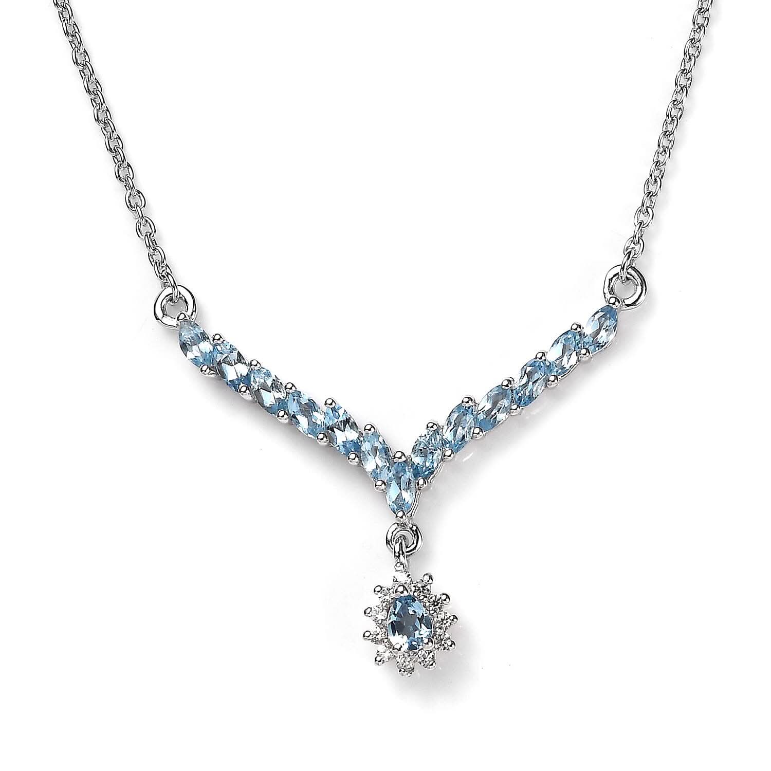 Santa Maria Aquamarine and White Zircon Sunburst Necklace 18 Inches in Platinum Over Sterling Silver 1.30 ctw