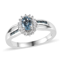 Santa Maria Aquamarine, Blue and White Diamond Halo Ring in Platinum Over Sterling Silver 0.65 ctw