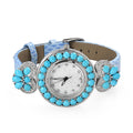 EON 1962 Swiss Movement Sleeping Beauty Turquoise, White Zircon Watch in Sterling Silver with Blue Genuine Leather Strap 12.00 ctw - Sticky add to cart bar