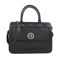 MC Saffiano Black Front Flap Pocket Faux Leather Satchel Bag (13"x5"x10")
