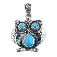 Bali Legacy Sleeping Beauty Turquoise and Abalone Shell Owl Pendant in Sterling Silver 2.40 ctw