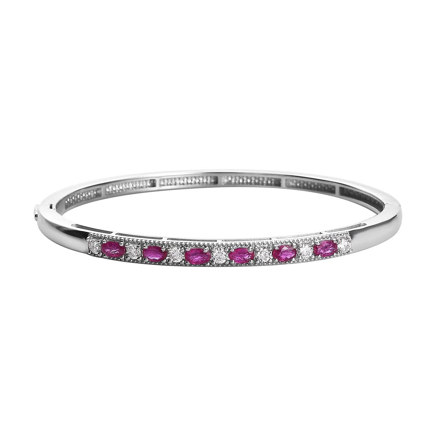 Premium Montepuez Ruby and Moissanite Bangle Bracelet in Platinum Over Sterling Silver (7.25 In) 2.35 ctw