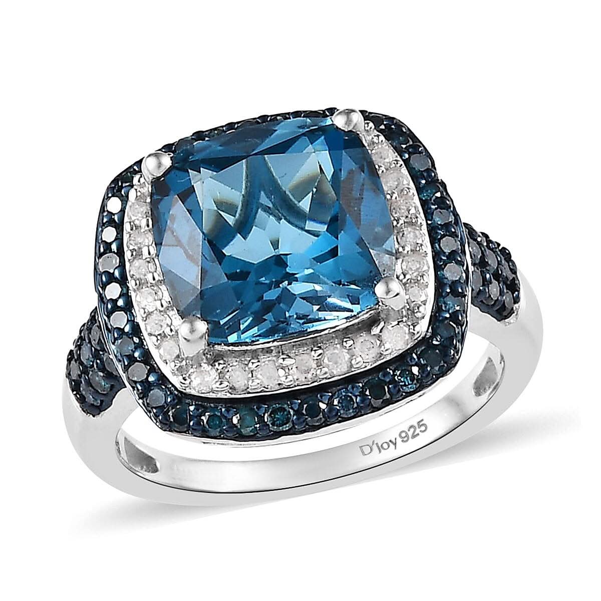 London Blue Topaz, Blue and White Diamond Ring in Platinum Over Sterling Silver 5.85 ctw